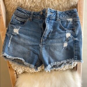 Wax Jean Blue Jean Shorts with Distressed Details and Raw Hem